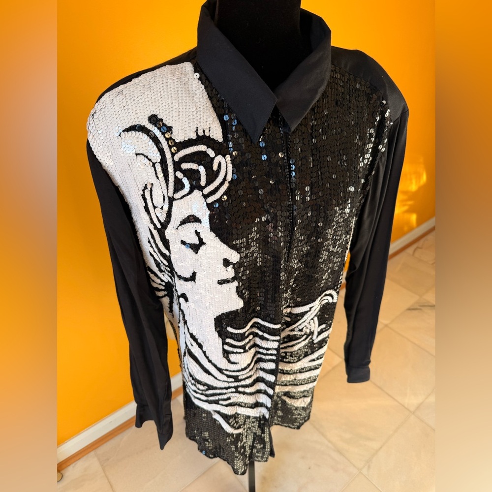 Elegant Black and White Sequin Women's Button Down Shirt